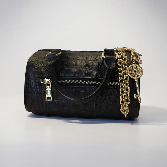 Black Croc Embossed Satchel Handbag with Gold Accessories By Tote & Carry NWT - Picture 6 of 8